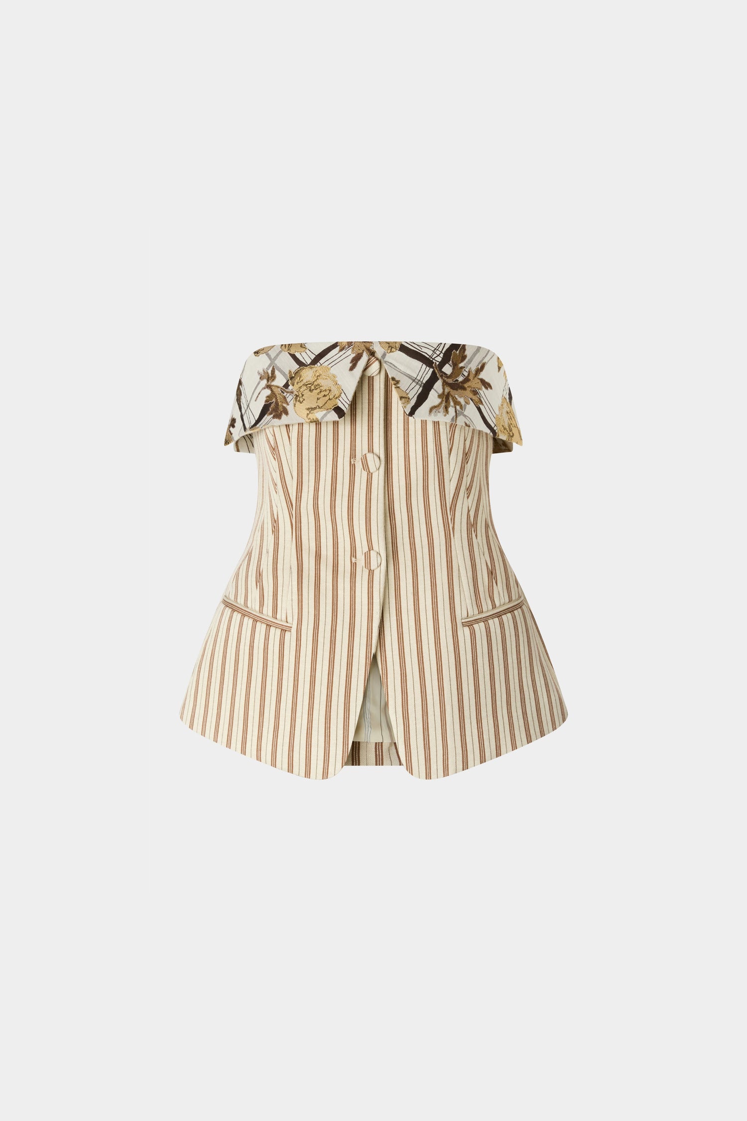 Striped Jersey Bustier With Floral Brocade Lapel