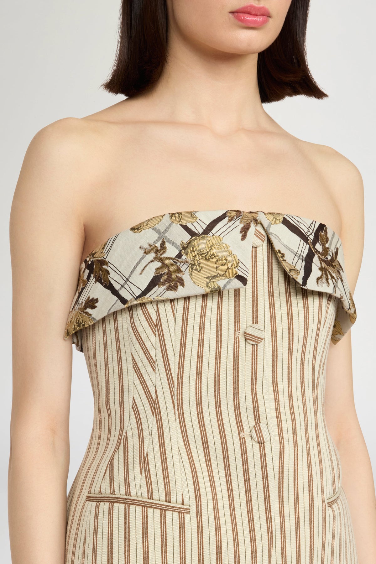 Striped Jersey Bustier With Floral Brocade Lapel