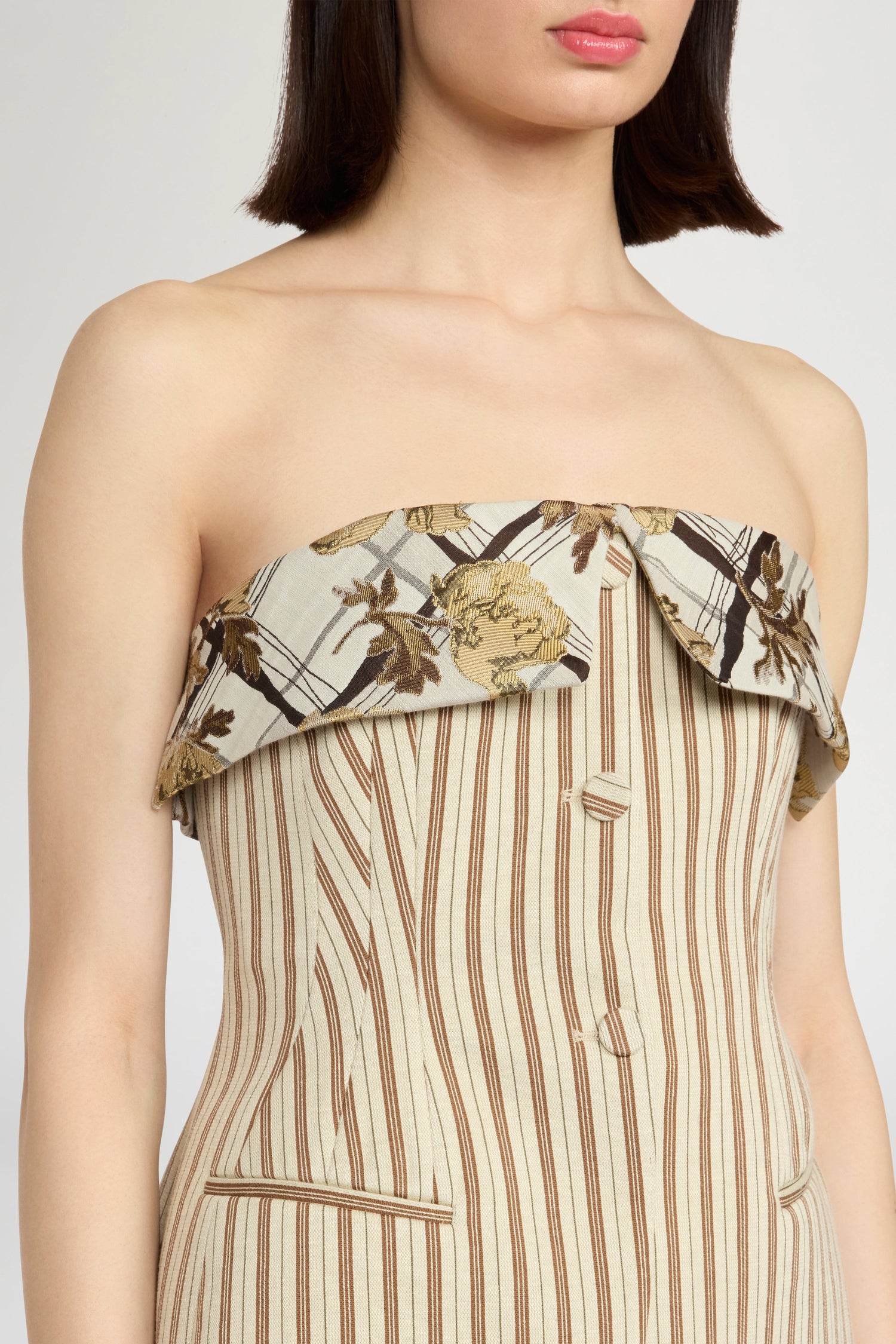 Striped Jersey Bustier With Floral Brocade Lapel