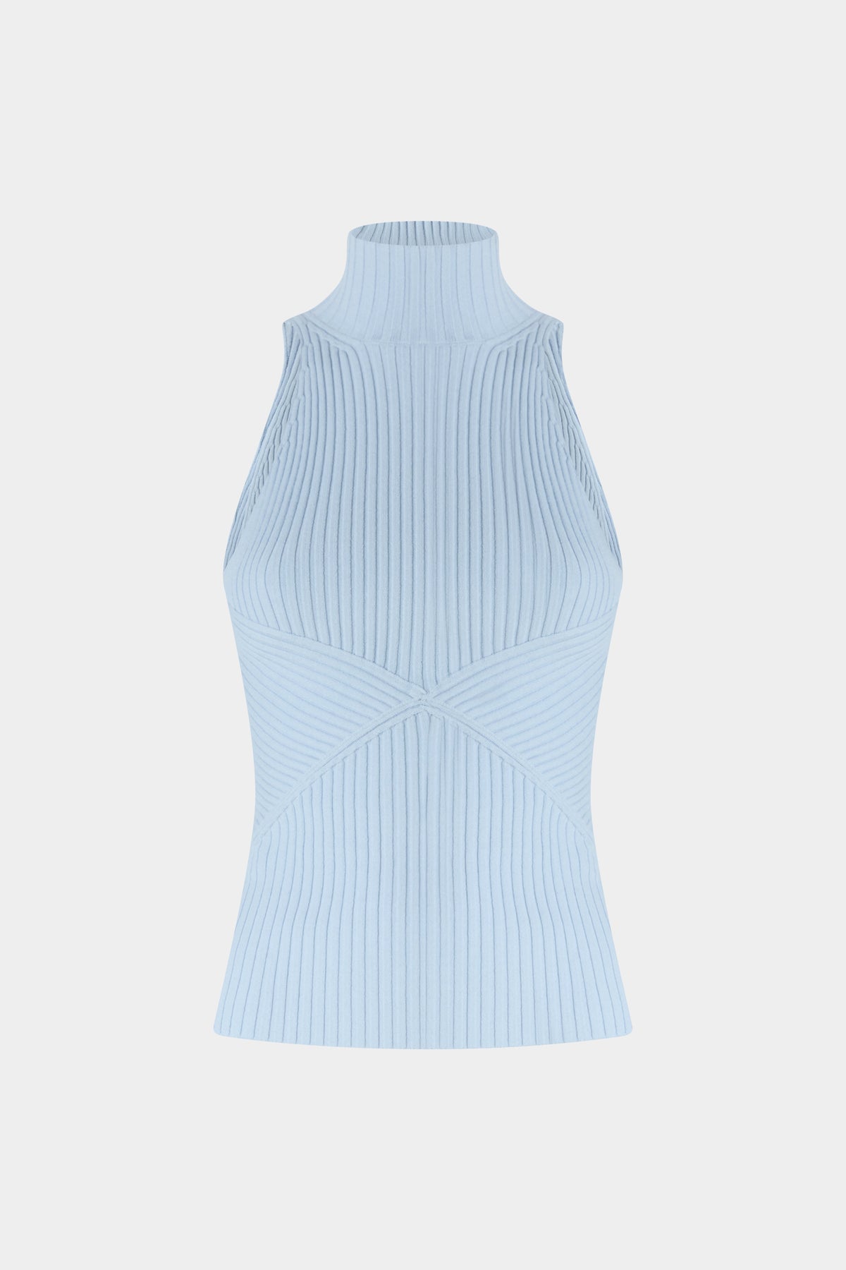 Light Blue Ribbed Sleeveless Top with High Neck