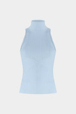 Light Blue Ribbed Sleeveless Top with High Neck