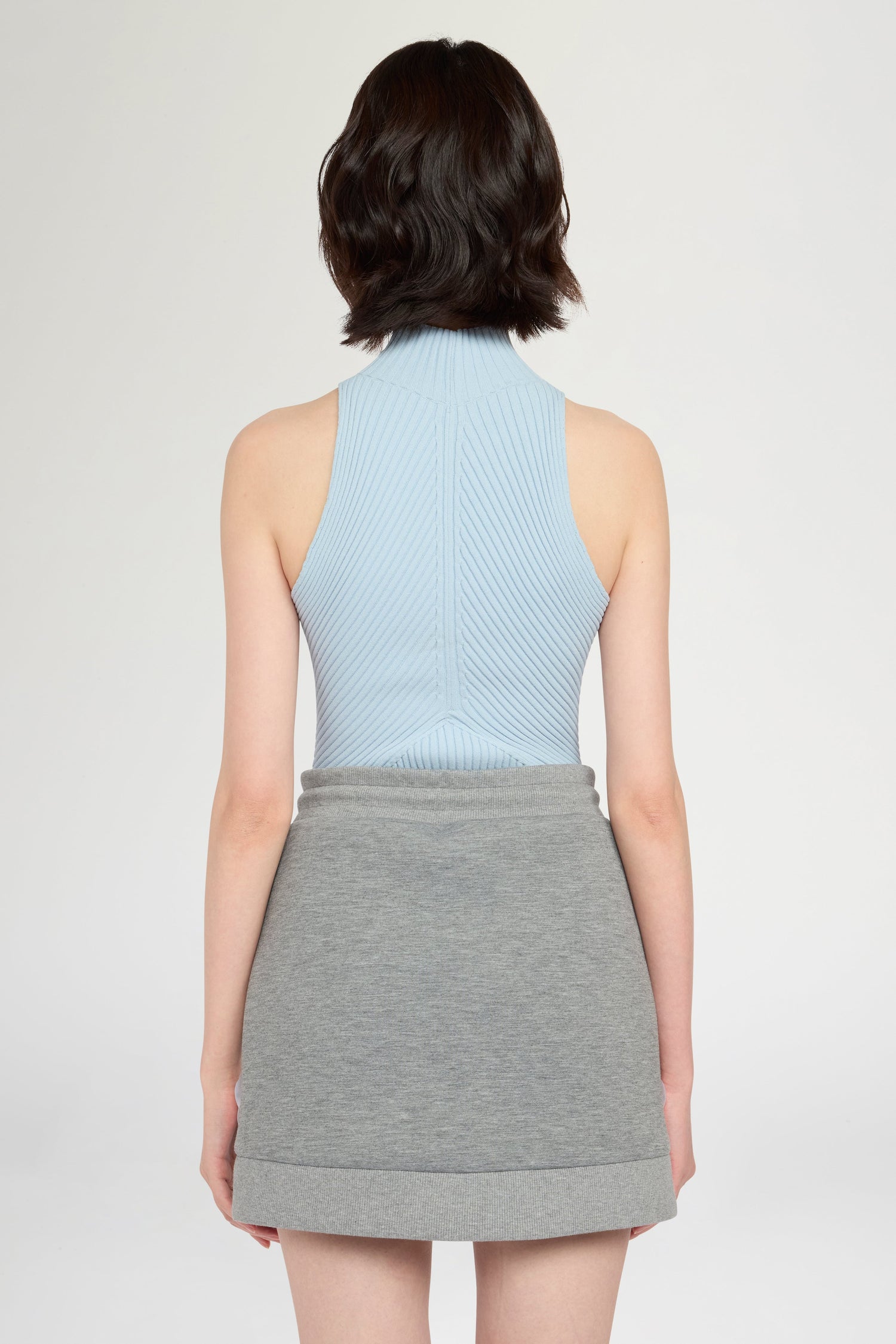 Light Blue Ribbed Sleeveless Top with High Neck