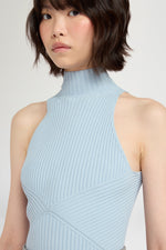 Light Blue Ribbed Sleeveless Top with High Neck