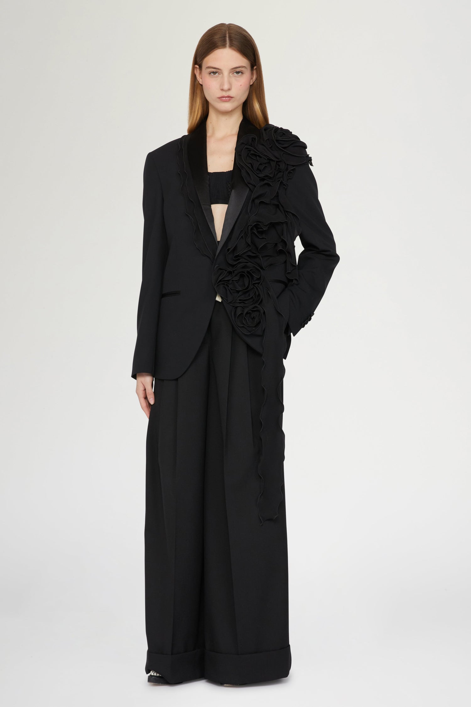 Oversized Tuxedo with Chiffon Ruffles
