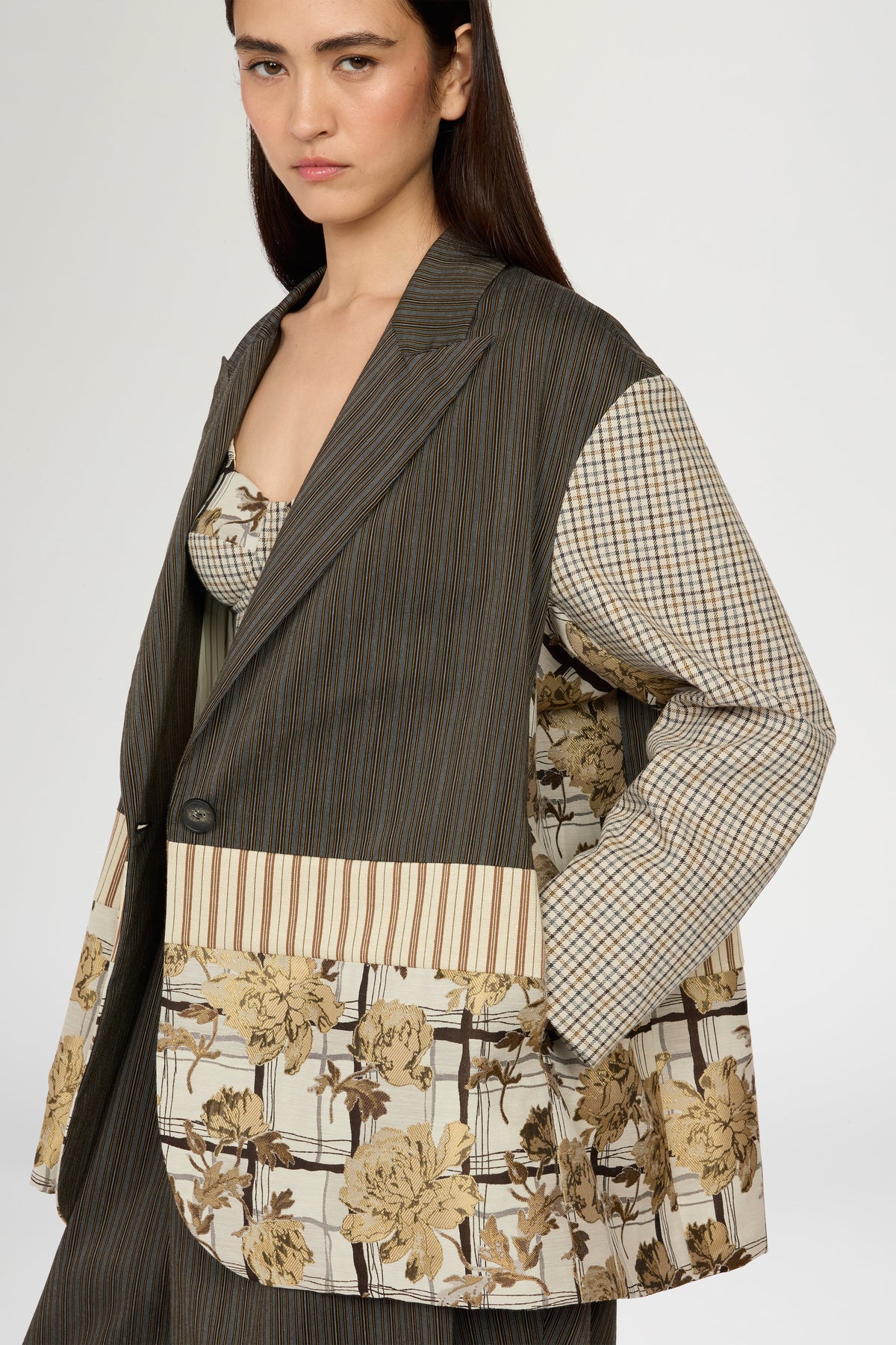 Single-Breasted Pinstripe and Floral Jacquard Jacket