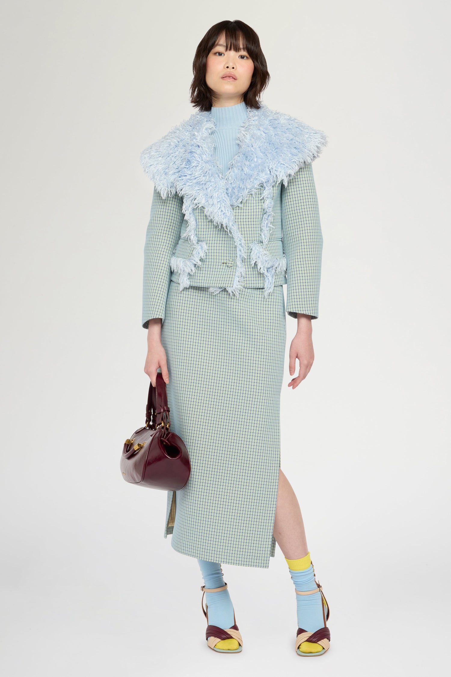 Cropped Jacquard Jacket with Light Blue Faux-Fur Collar