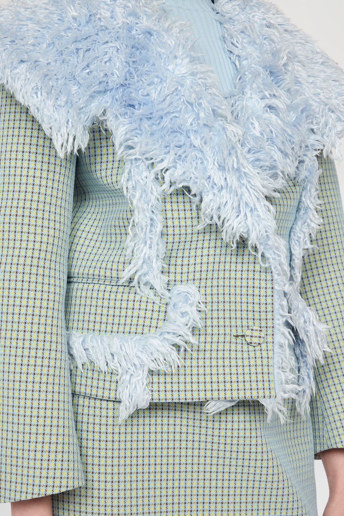 Cropped Jacquard Jacket with Light Blue Faux-Fur Collar