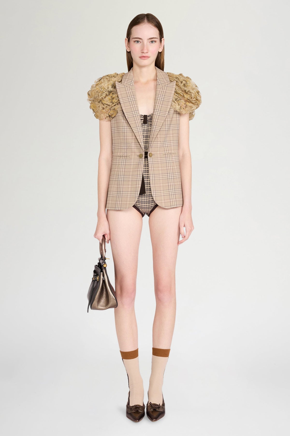 Checked Short-Sleeve Blazer with Lace Shoulders