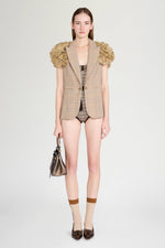 Checked Short-Sleeve Blazer with Lace Shoulders
