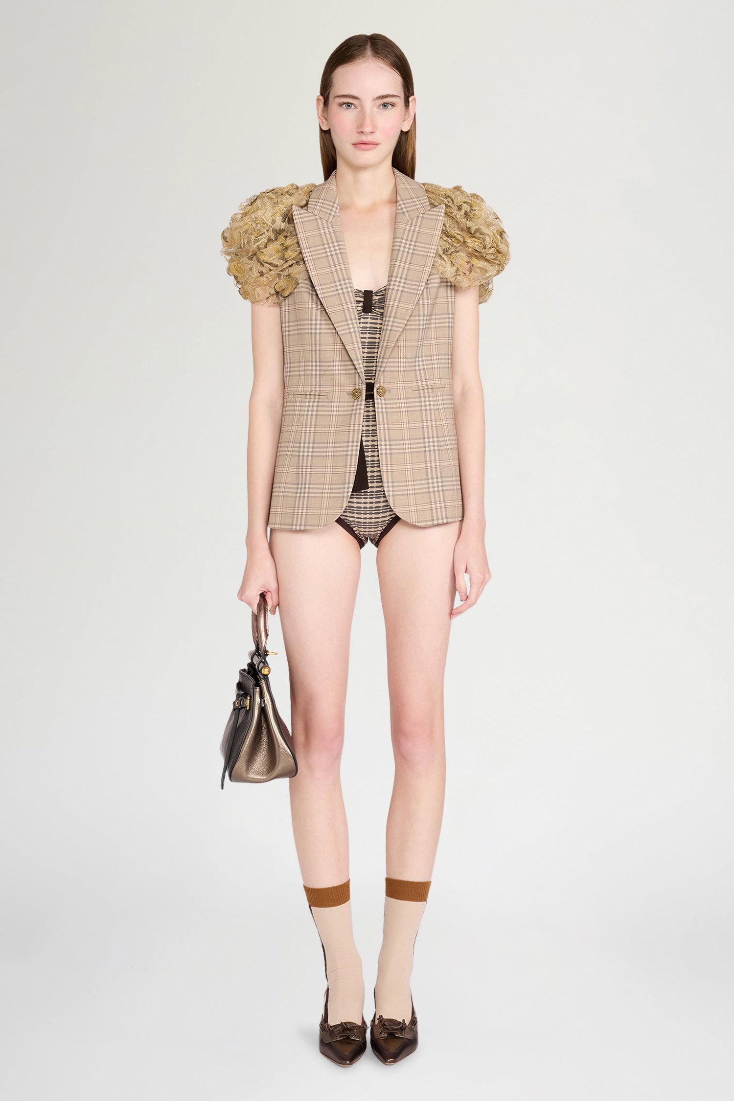 Checked Short-Sleeve Blazer with Lace Shoulders