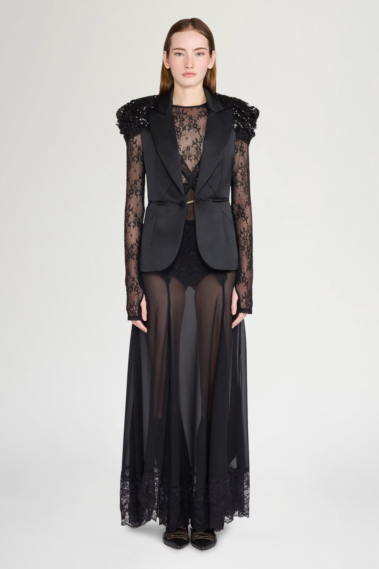 Black Sequin-Shoulder Gilet Jacket