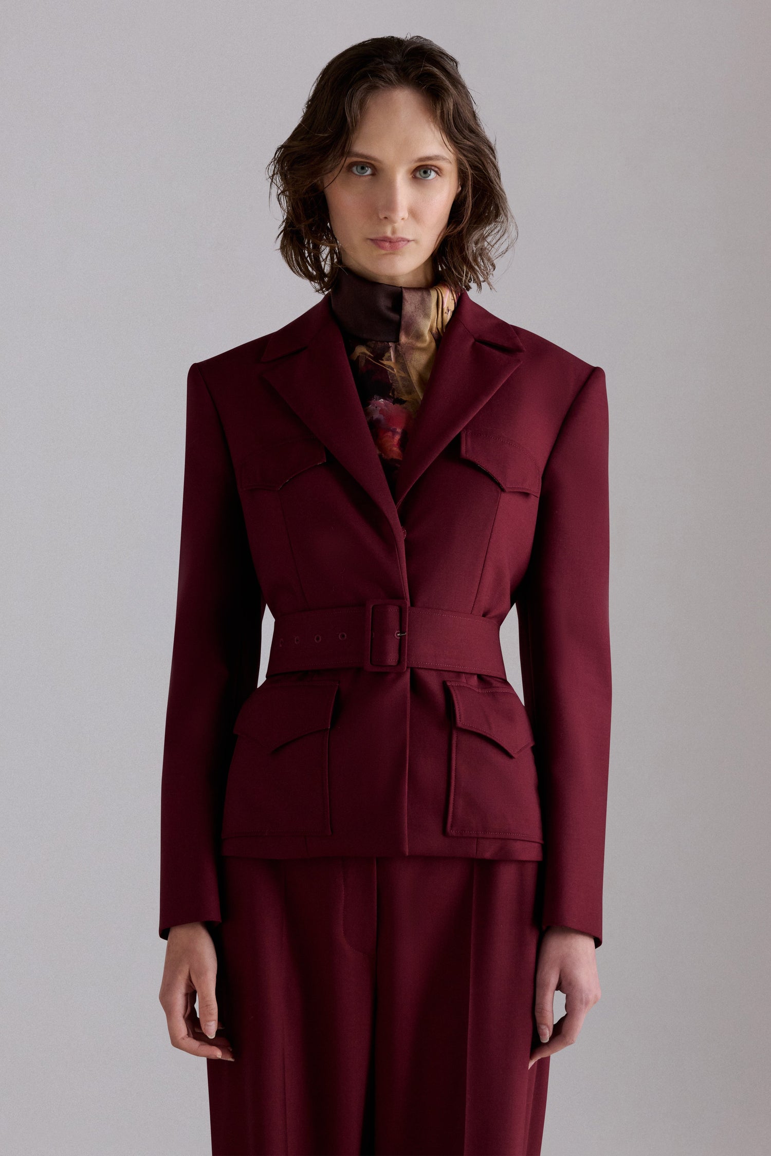 Burgundy Belted Wool Blazer