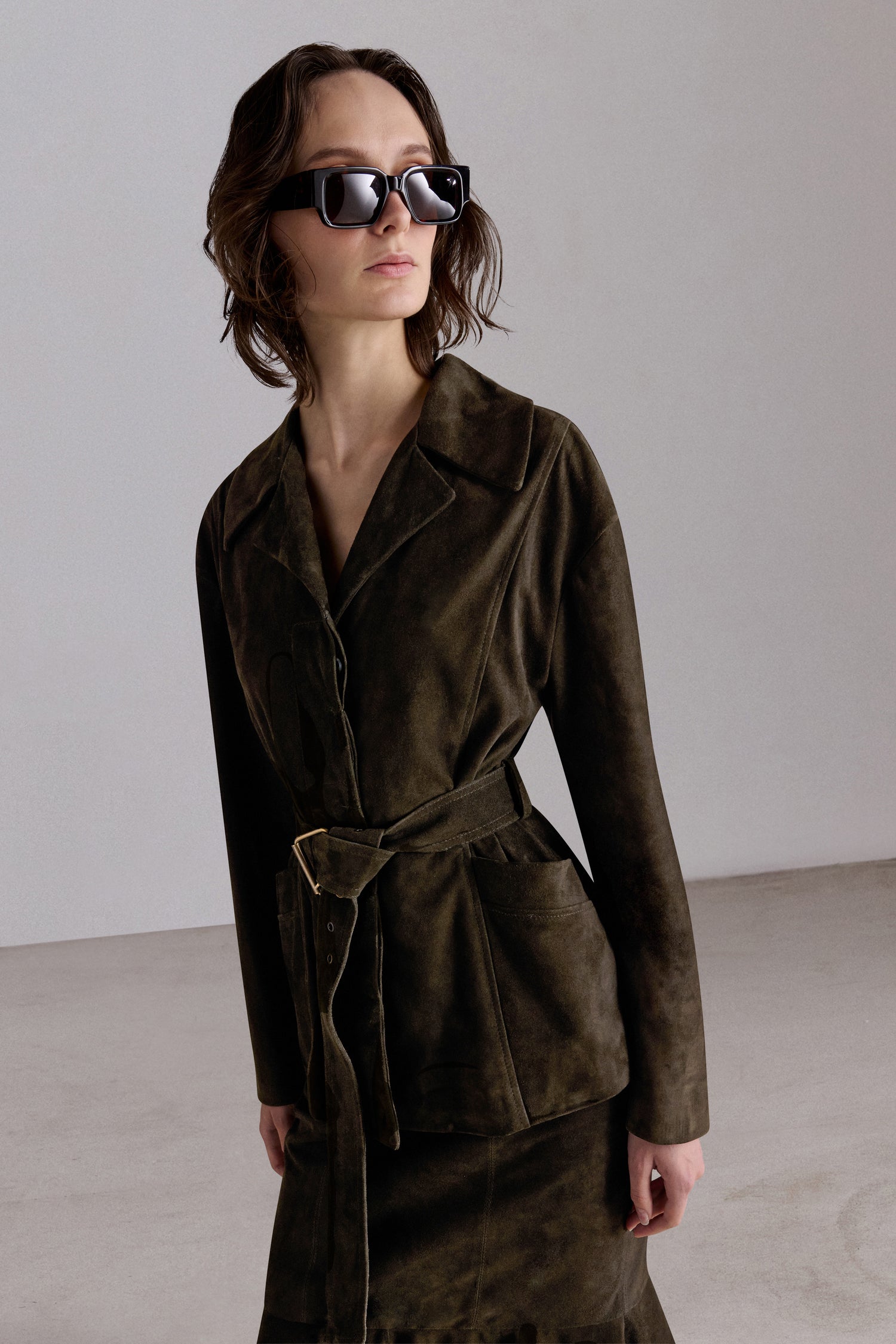Suede Belted Tailored Jacket