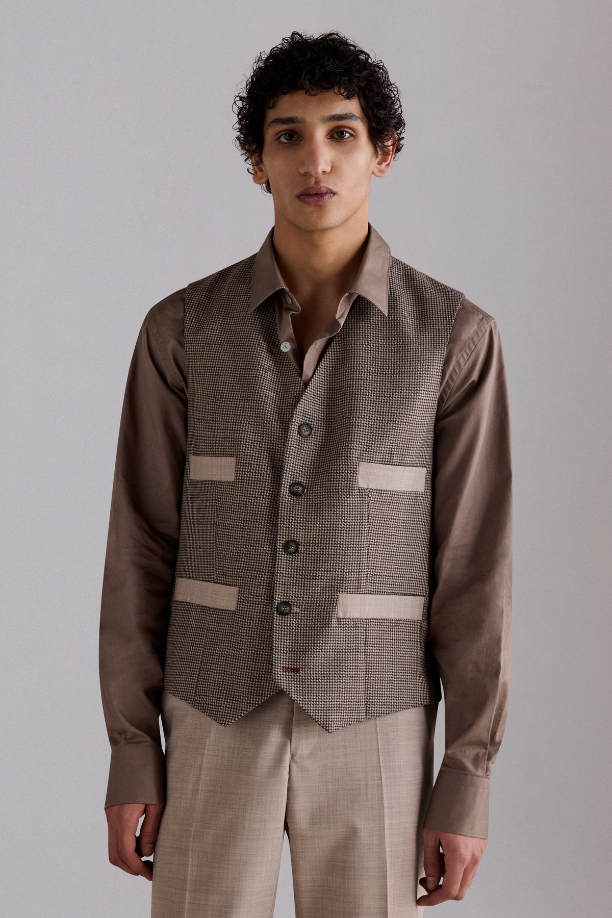 Brown Houndstooth Wool Waistcoat