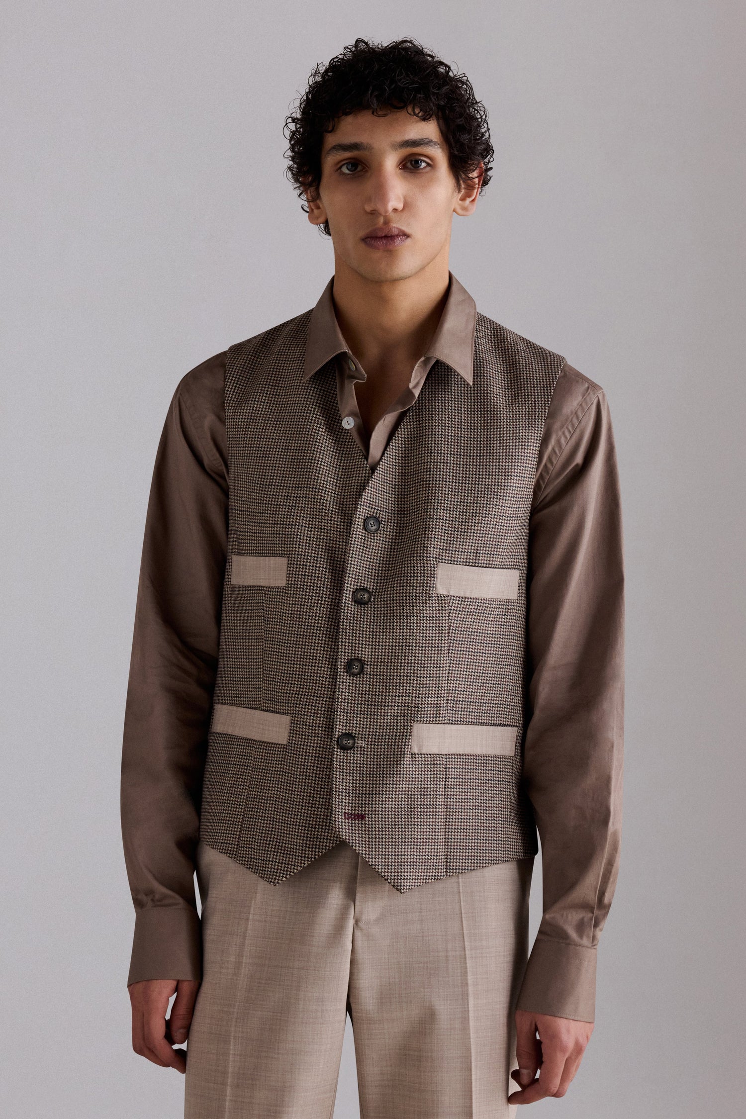 Brown Houndstooth Wool Waistcoat