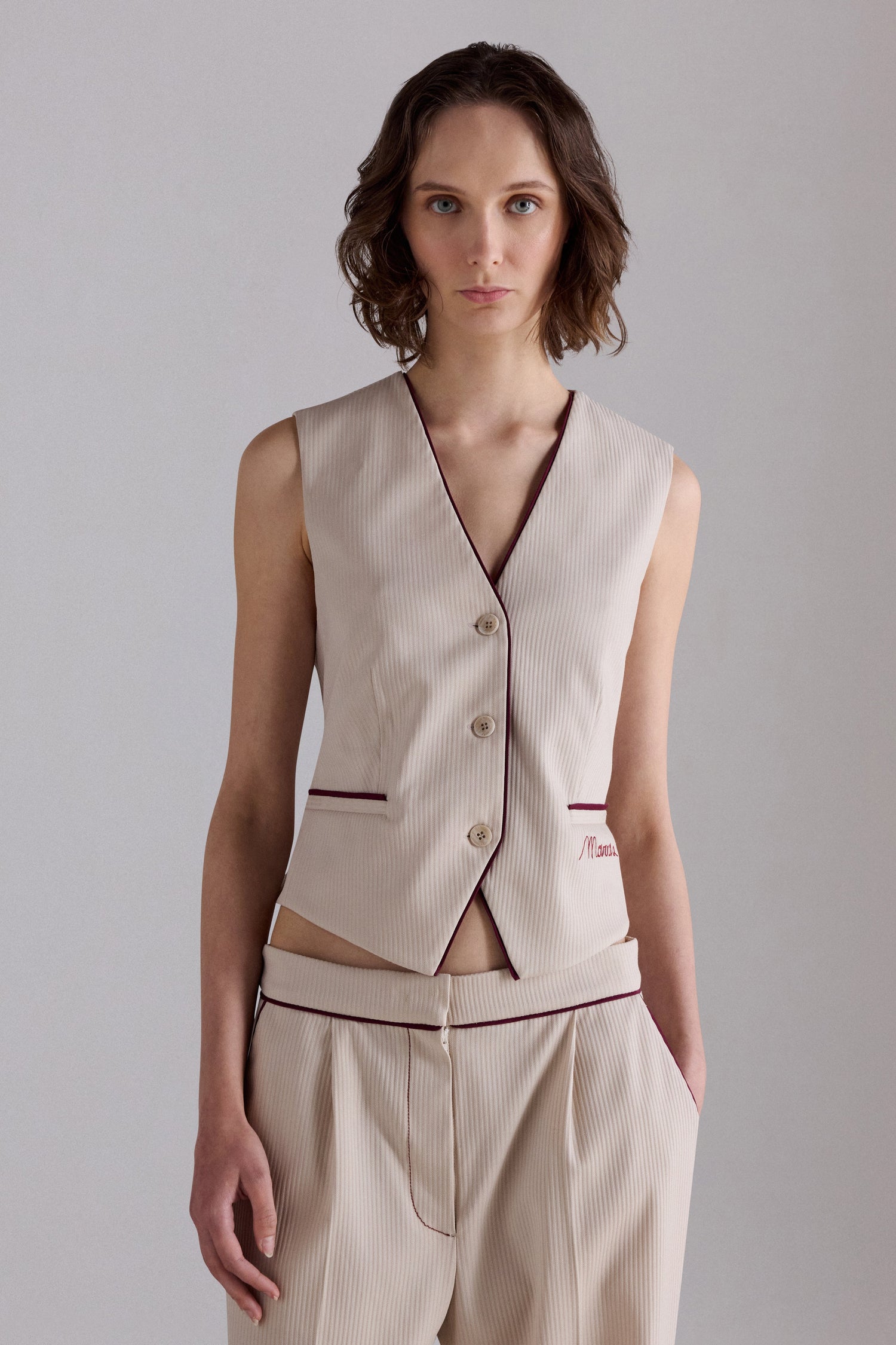 Vest with Embroidered Logo and Contrast Piping