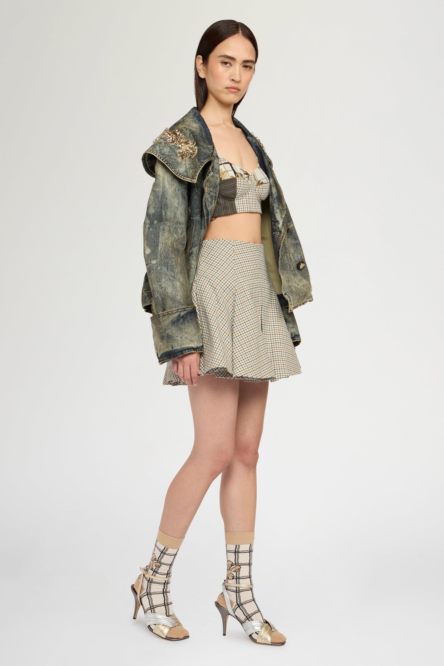 Short Panelled Micro Check Skirt