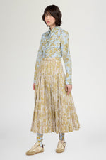 Gold Floral Pleated Midi Skirt