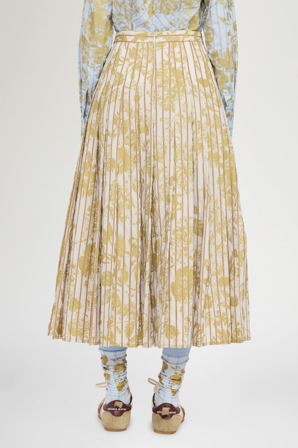 Gold Floral Pleated Midi Skirt