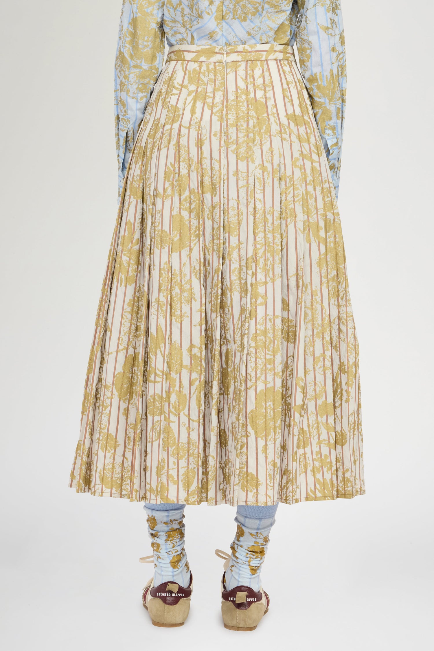 Gold Floral Pleated Midi Skirt