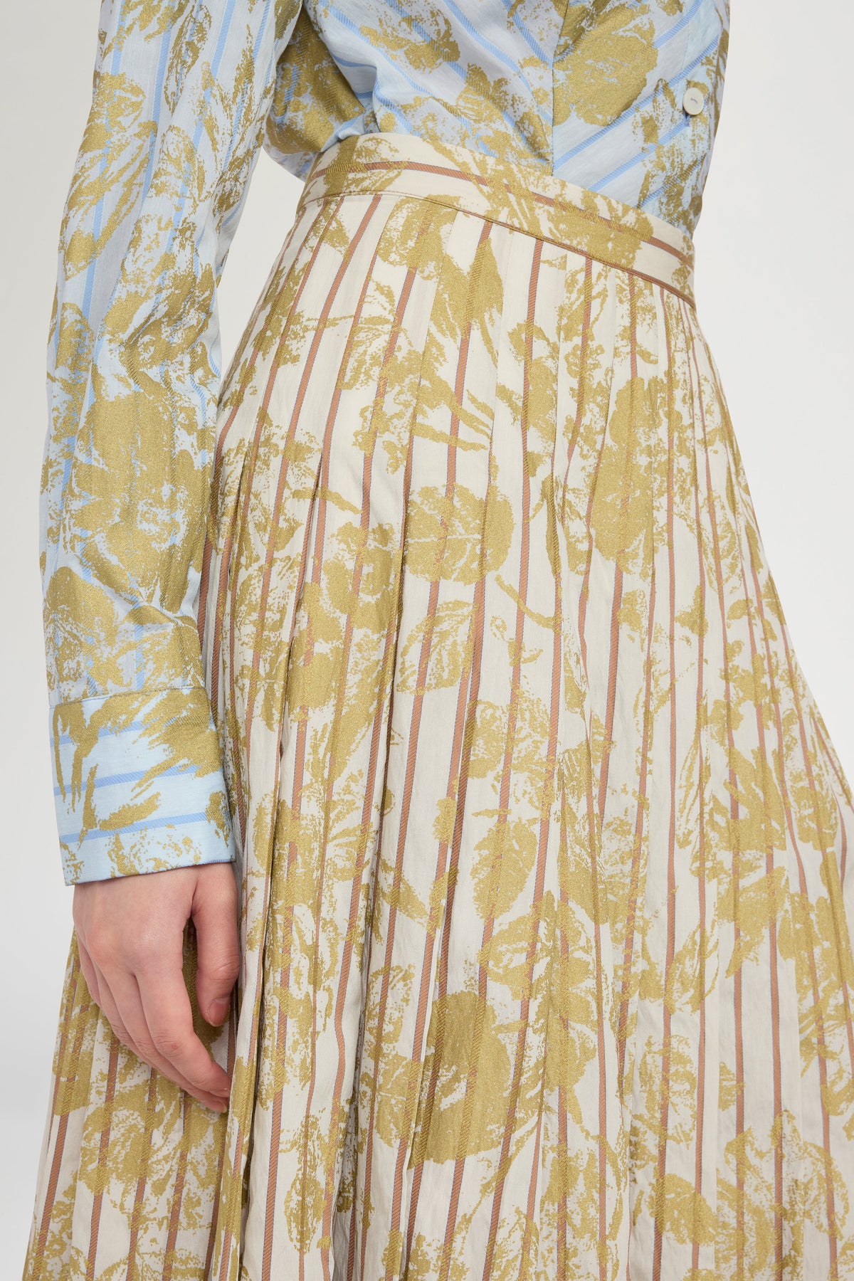 Gold Floral Pleated Midi Skirt