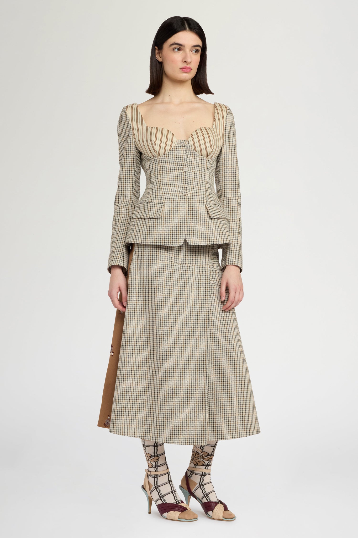A-Line Skirt in Micro Check and Camel Pinstripe