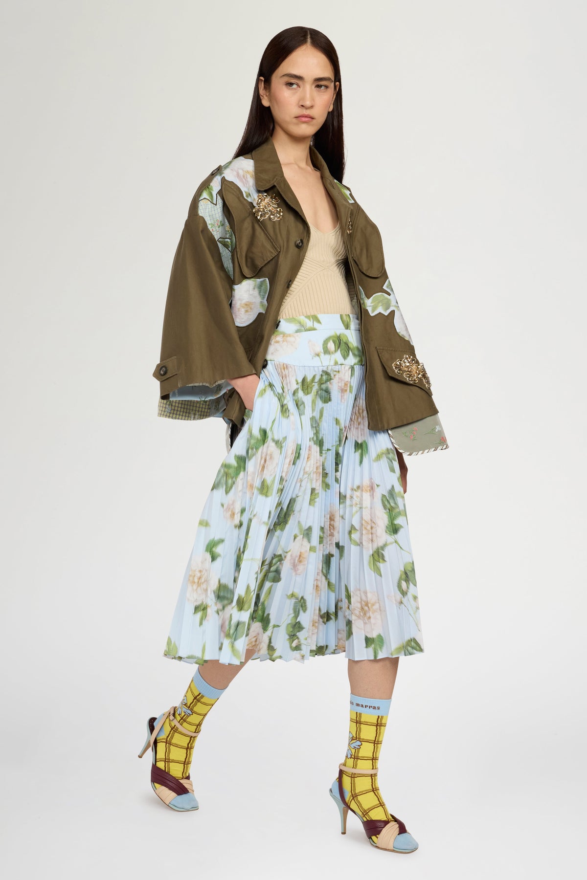 Printed Taffeta Midi Skirt with Sunray Pleats