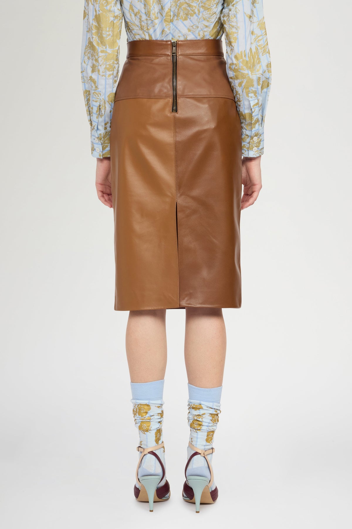 Patchwork Leather Midi Skirt In Cognac