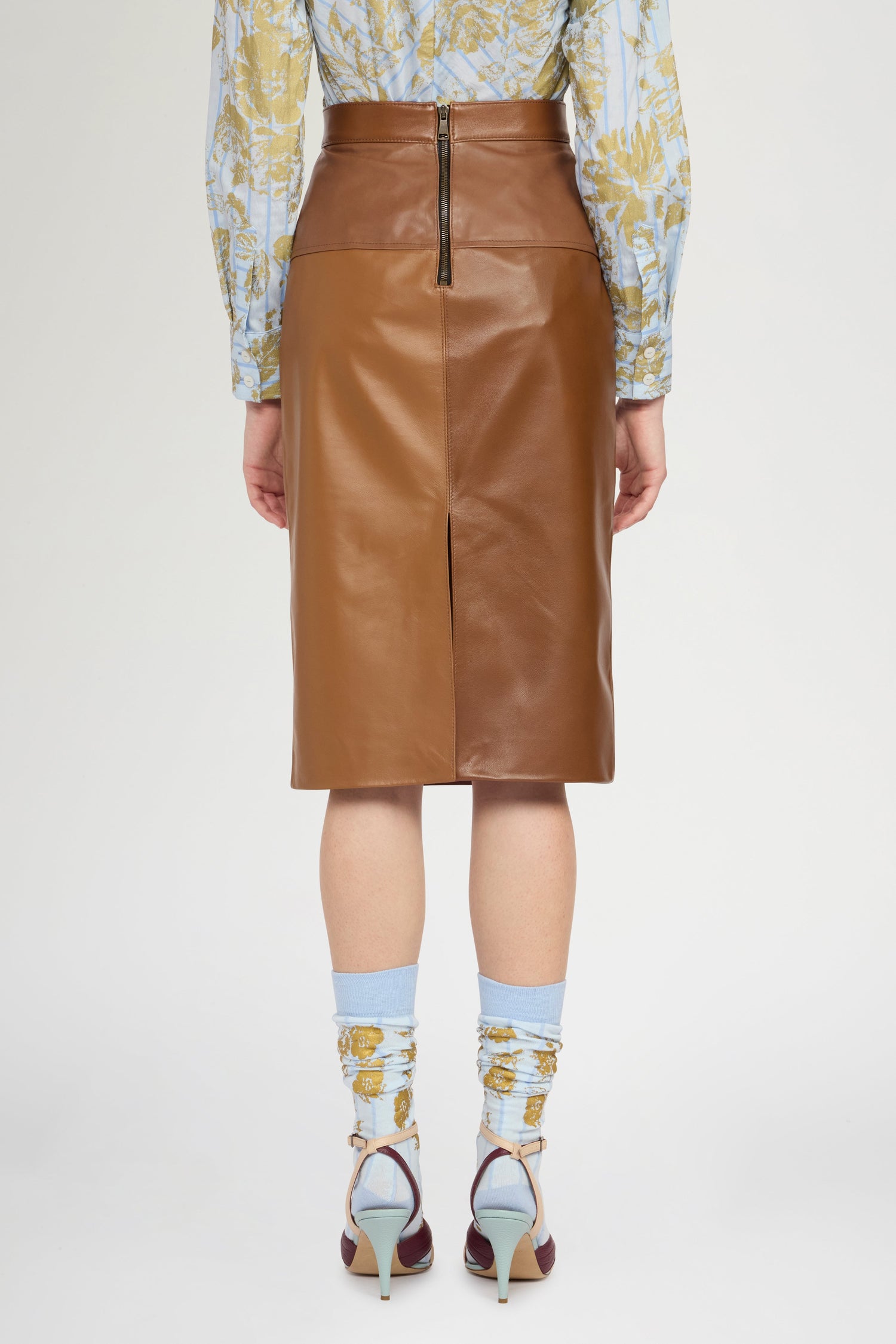 Patchwork Leather Midi Skirt In Cognac