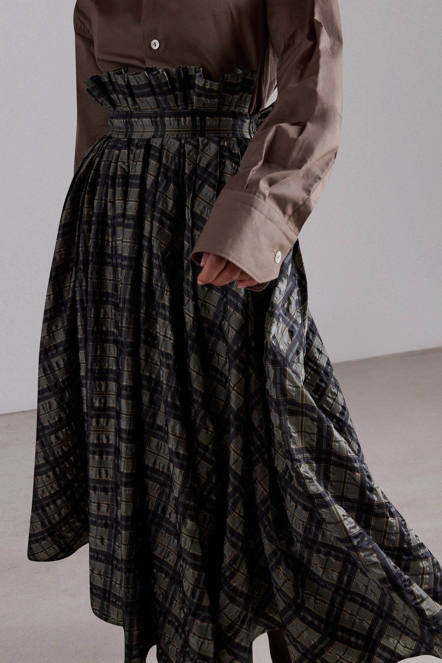 Crinkled Check Midi Skirt