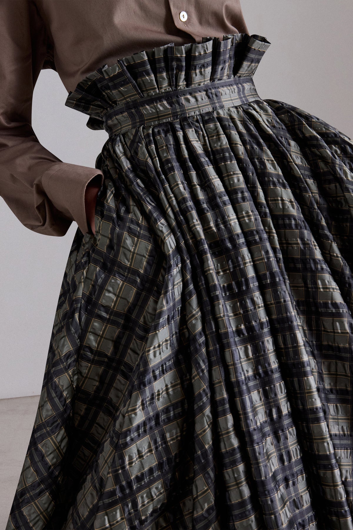 Crinkled Check Midi Skirt