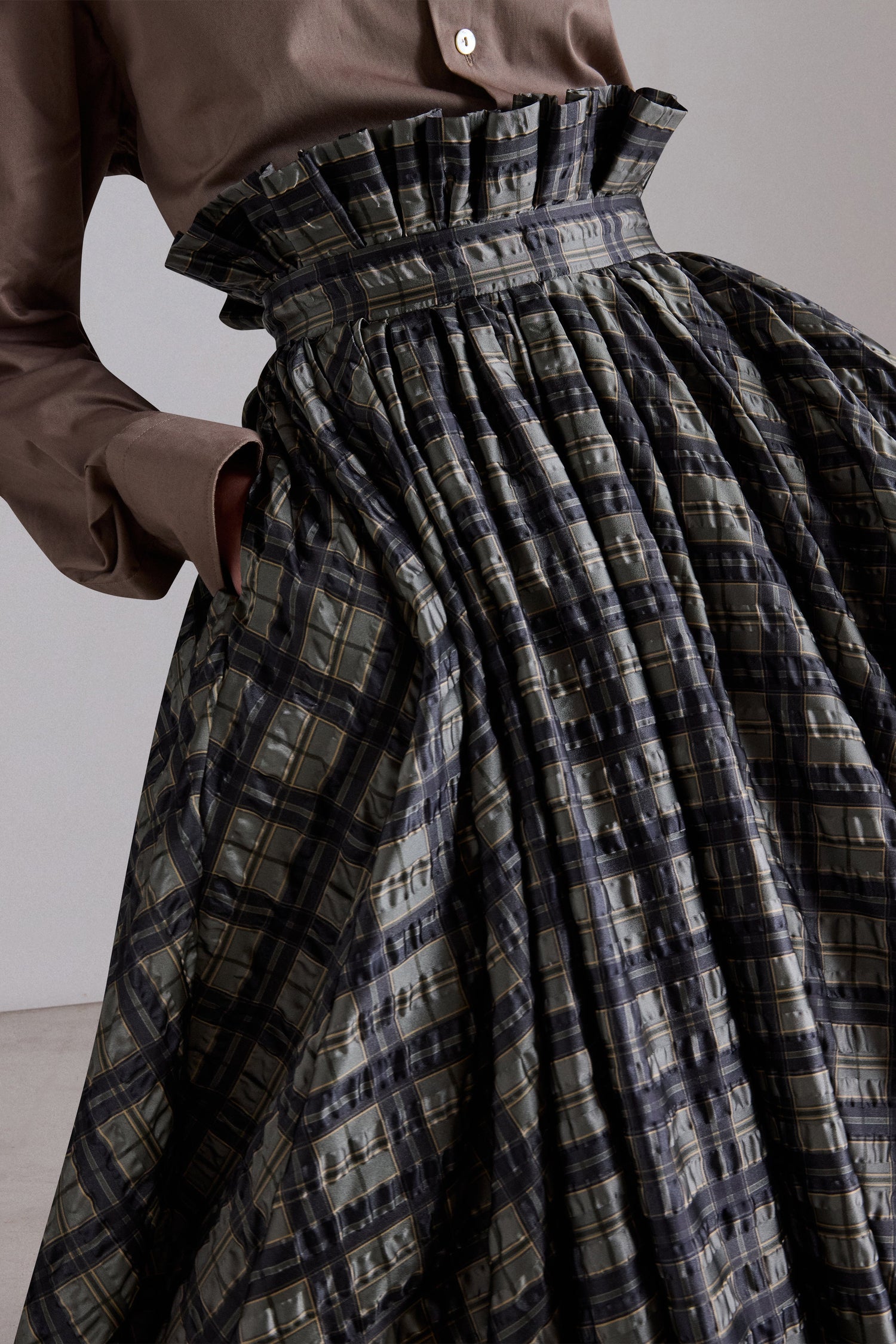 Crinkled Check Midi Skirt