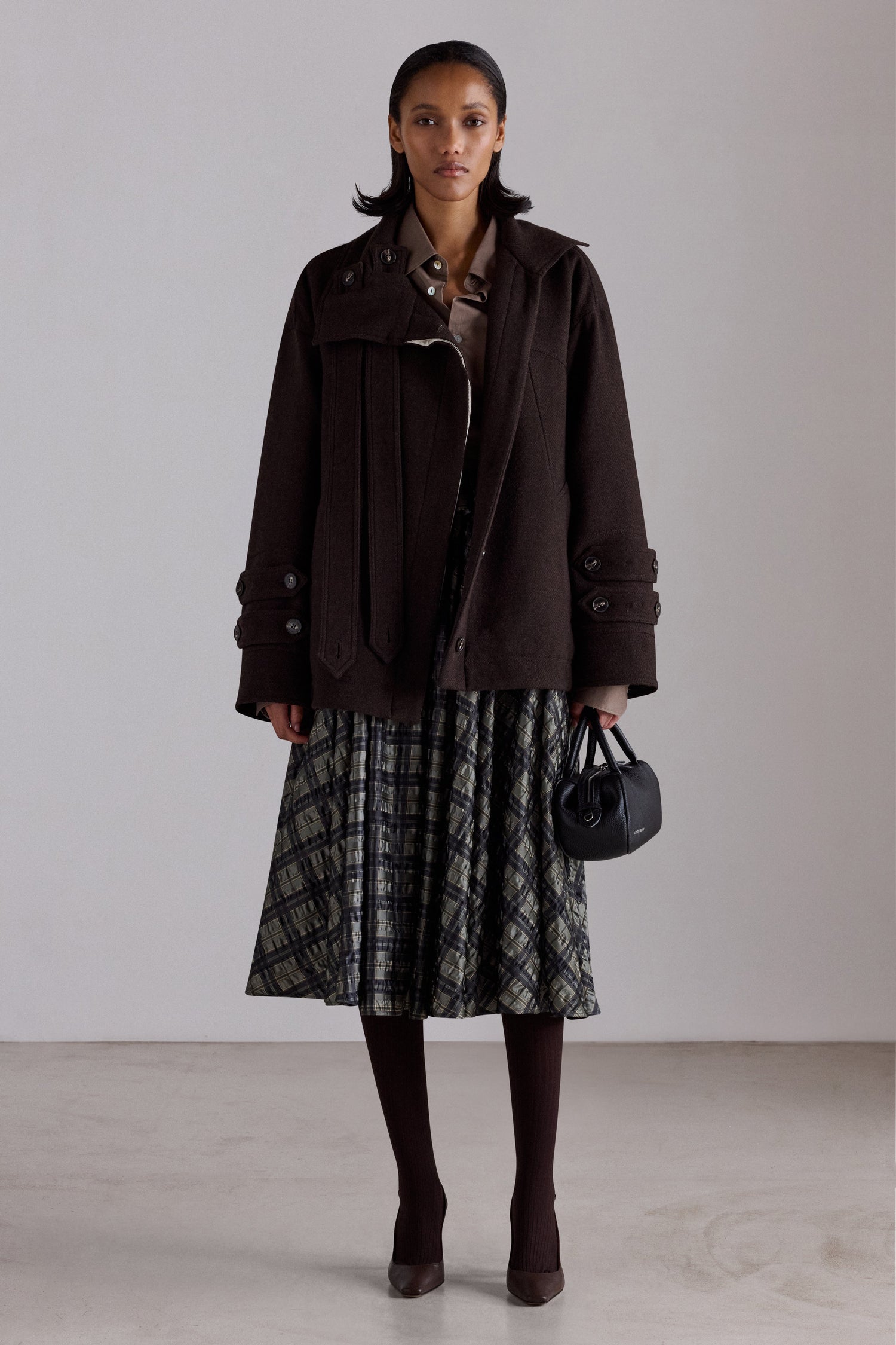 Crinkled Check Midi Skirt
