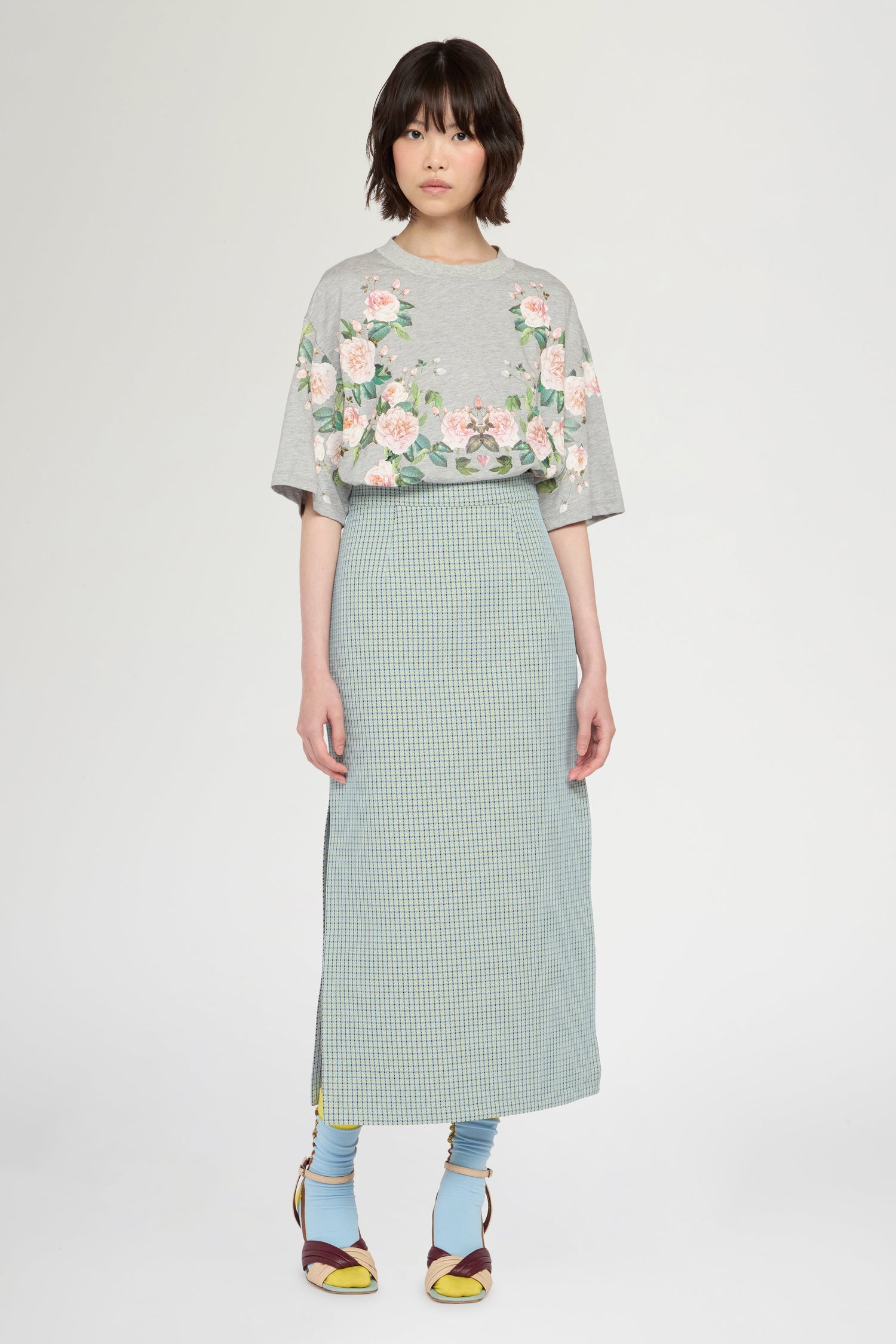 Grey Melange Floral Print T-Shirt