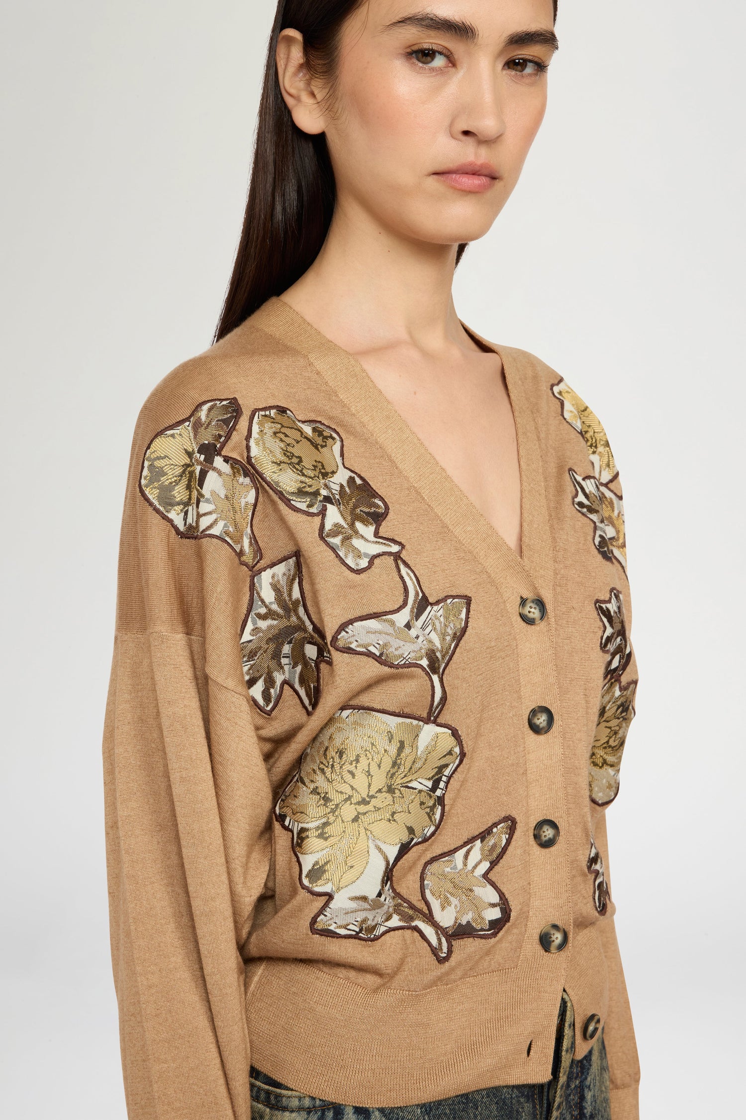 Cashmere Cardigan With Floral Patches