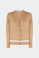 V-Neck Camel Cashmere Cardigan With Contrast Detail