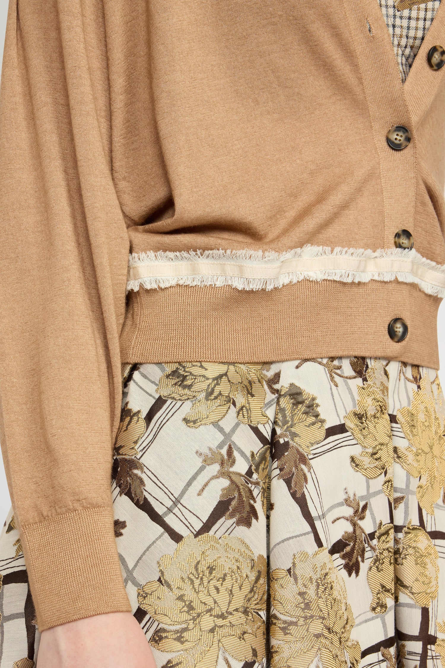 V-Neck Camel Cashmere Cardigan With Contrast Detail