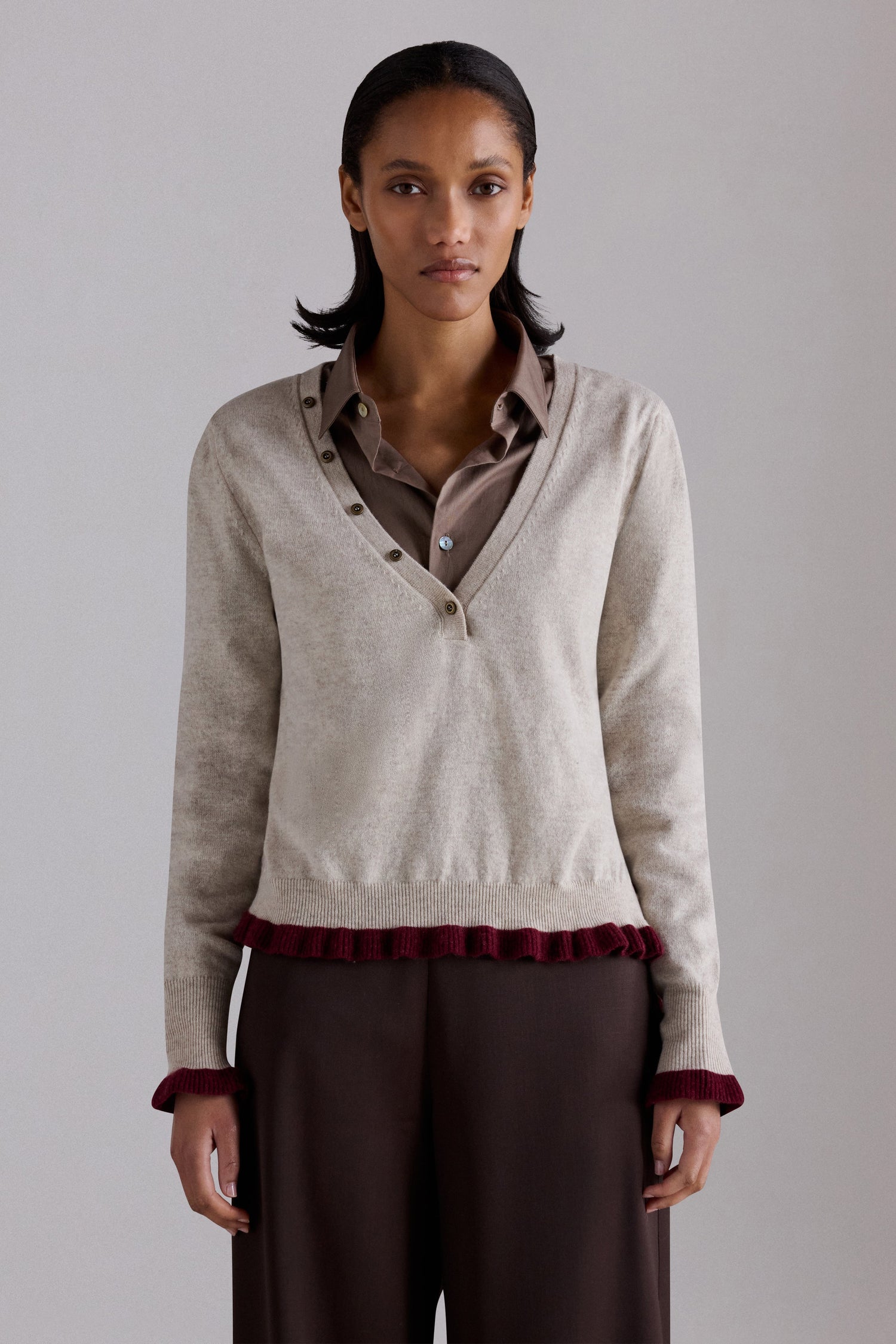 V-neck Cashmere Sweater with Ruffles