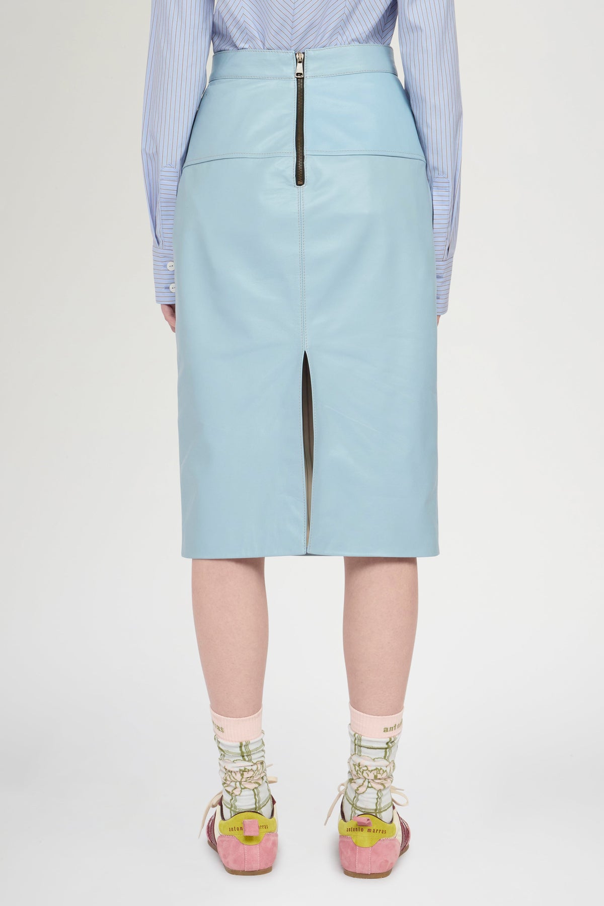 Patchwork Leather Midi Skirt In Light Blue