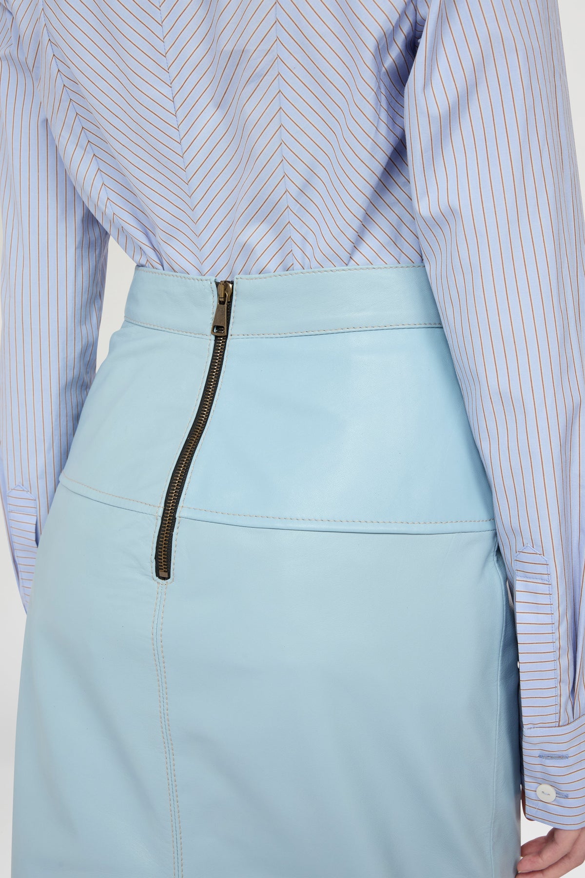 Patchwork Leather Midi Skirt In Light Blue