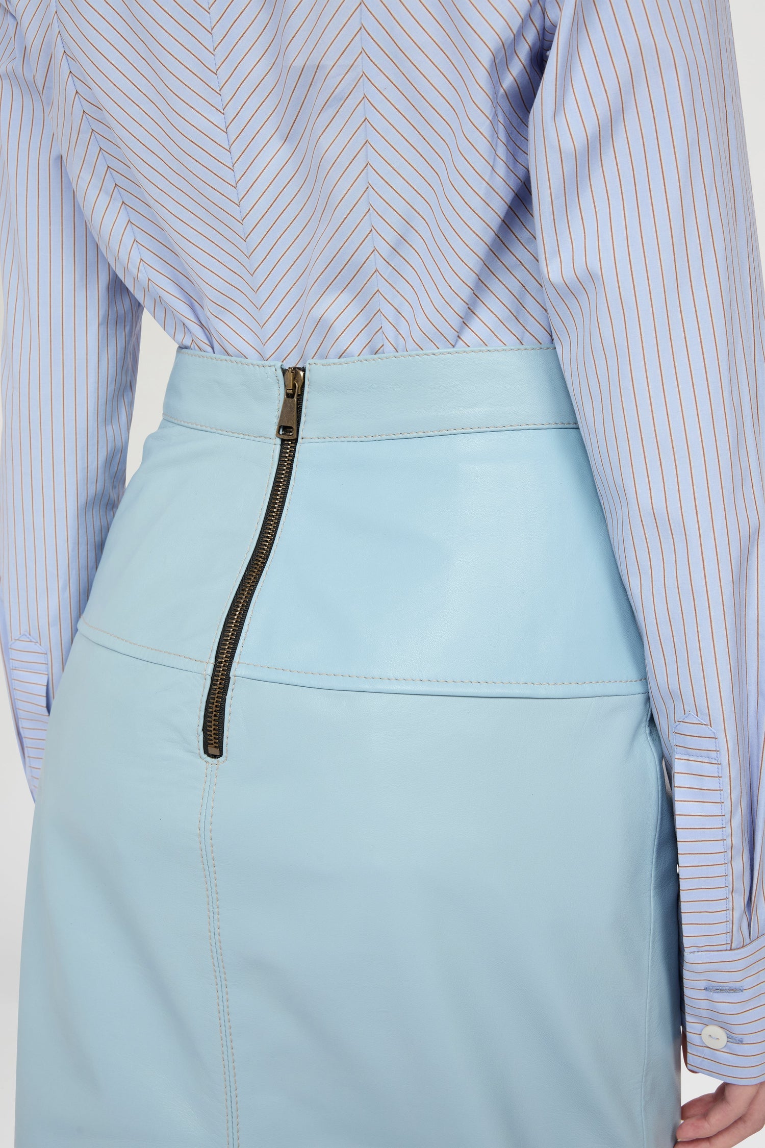 Patchwork Leather Midi Skirt In Light Blue