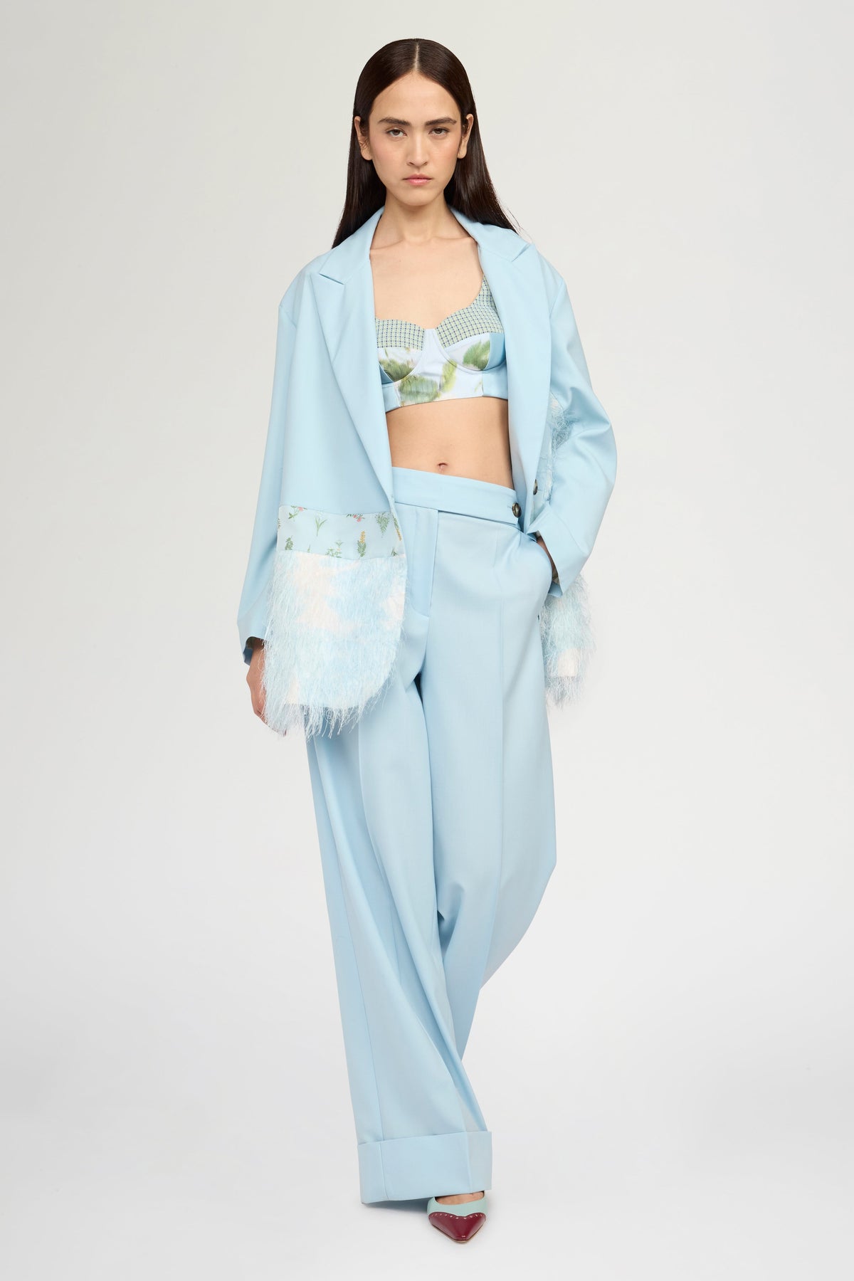 Mid-Rise Light Blue Wool Trousers with Cuffed Hem