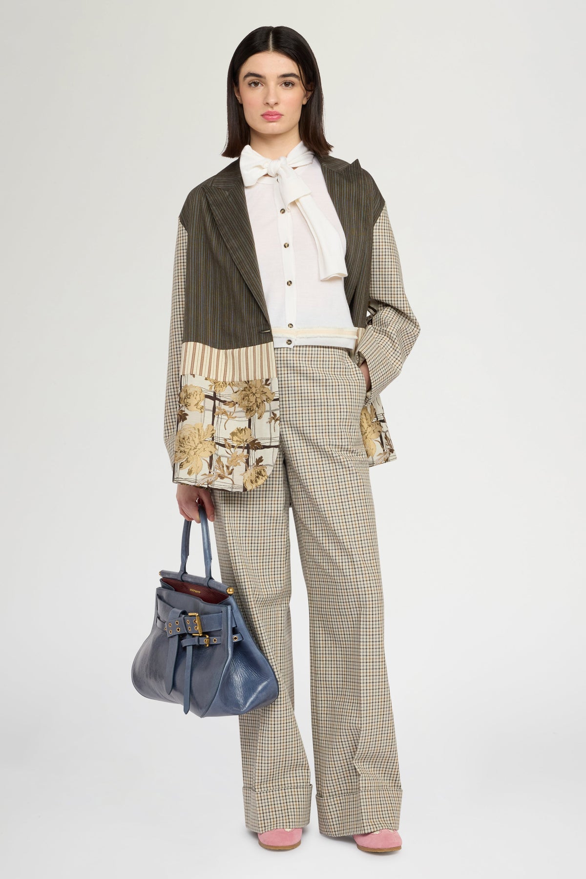 Micro Check Trousers with Turned-up Hem