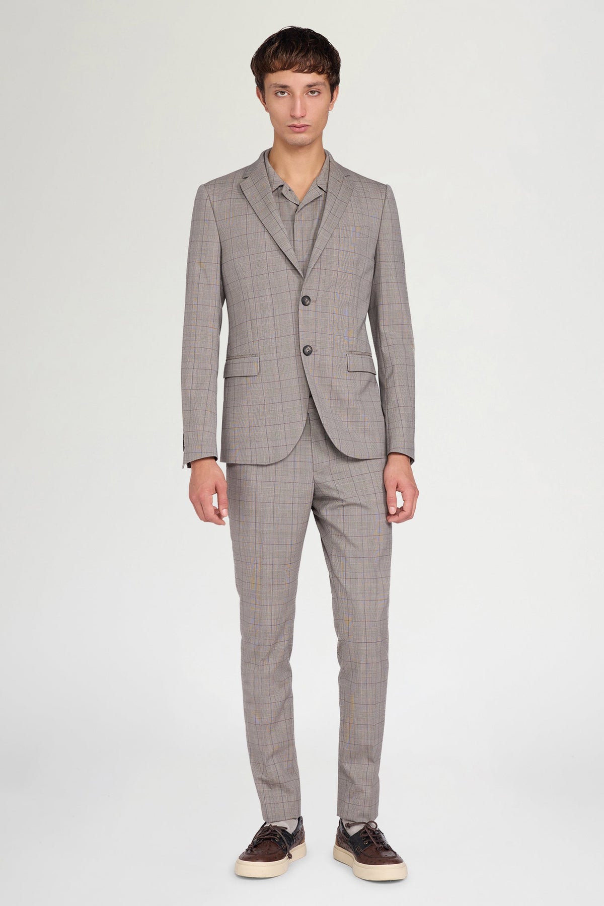 Grey Checked Straight-Leg Tailored Trousers