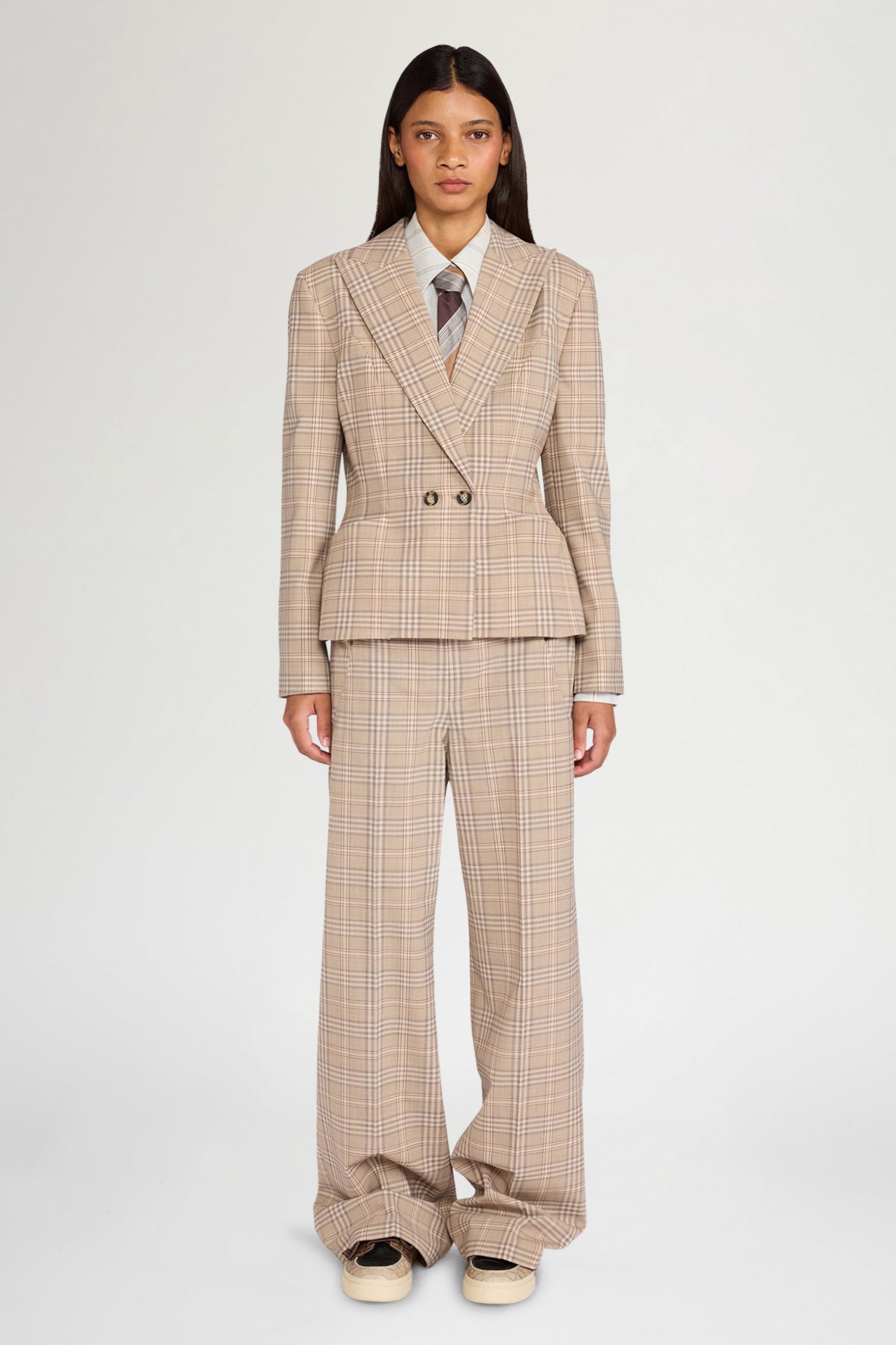 Beige Tartan Bustier Wide Pants