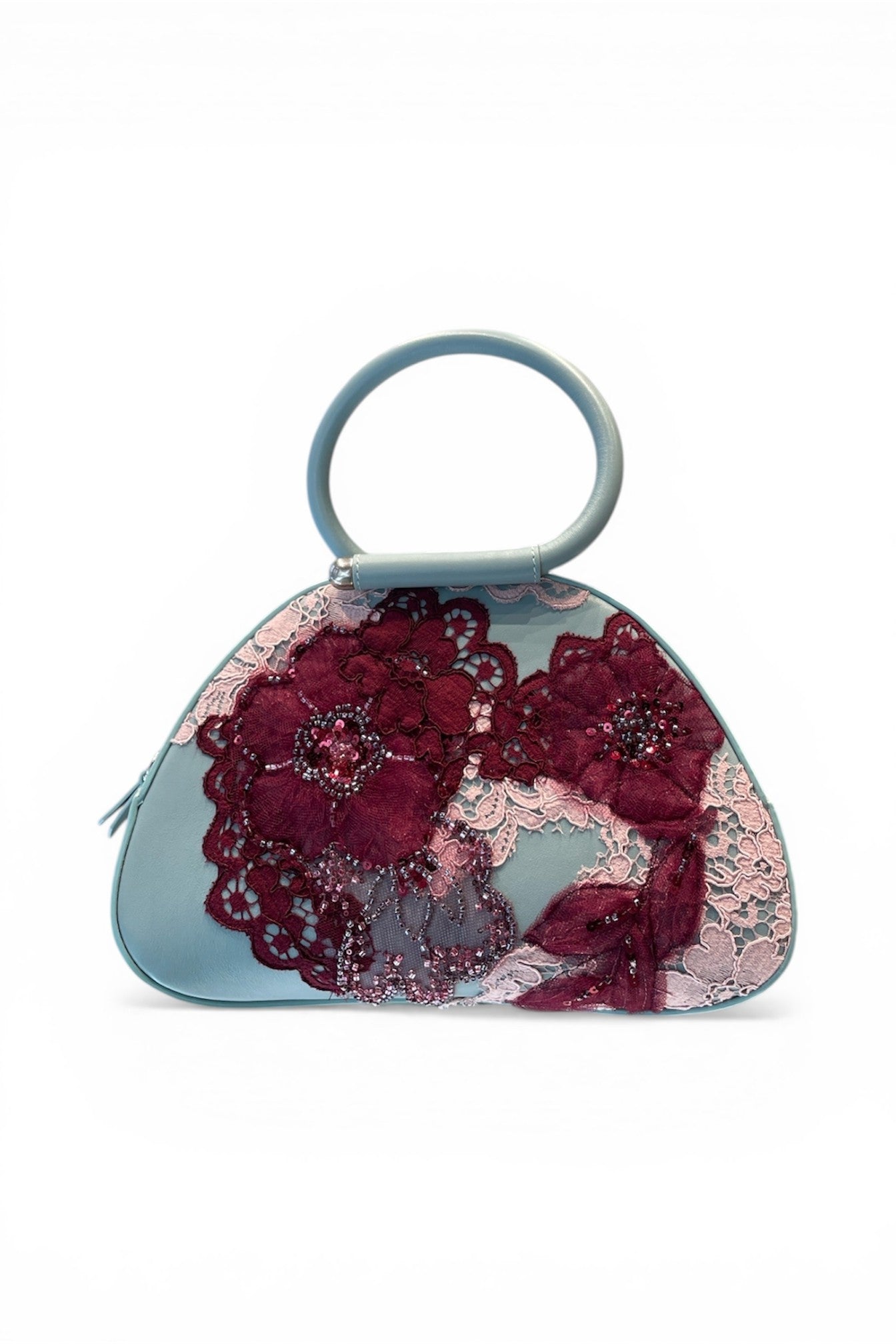 Turquoise Caragol Bag with Floral Lace Embroidery